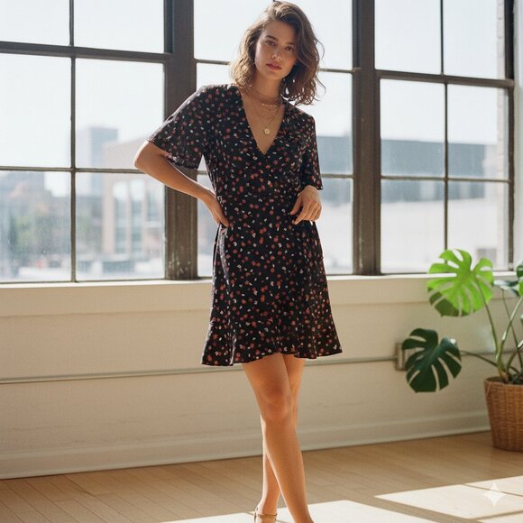 7 For All Mankind Women's Size Large Black Red Floral True Wrap Mini Dress - Picture 1 of 11